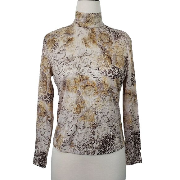 St. John Tops - St John Collection Mock Neck Shirt Top Size 8 Long Sleeve Back Zip Mixed Print